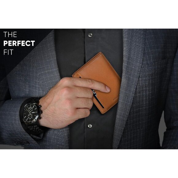 Men Brown Slim leather RFID Blocking Minimalist Card Front Pocket Wallets - Picture 5 of 9
